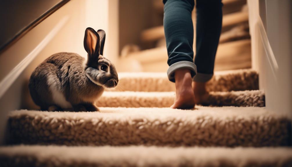 rabbits climbing stairs together